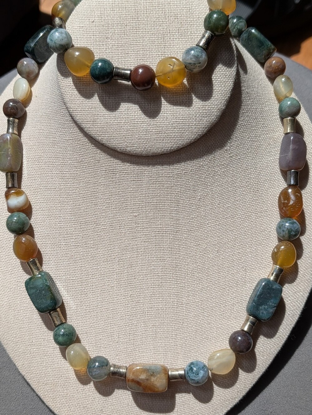 Multi-Gemstone Necklace & Bracelet Set Silver Tone Toggle Clasp Boho Stone